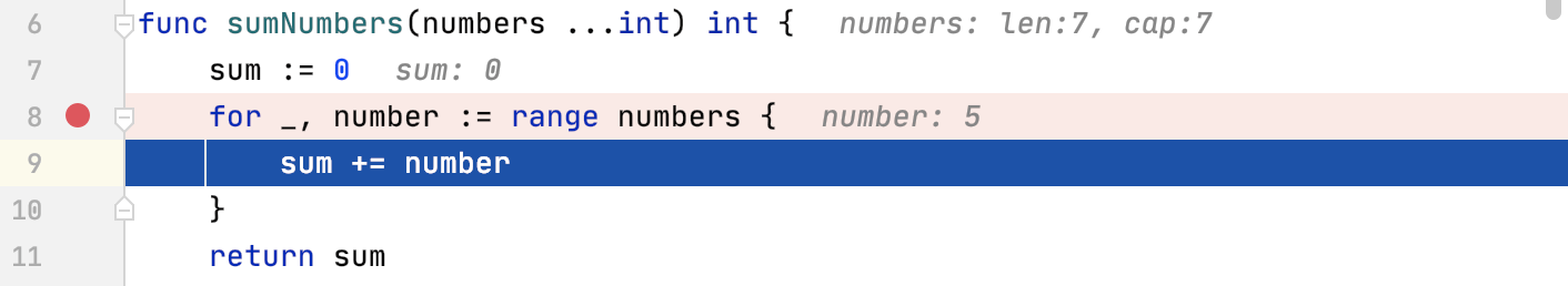 Variable values are displayed at the lines where they are used