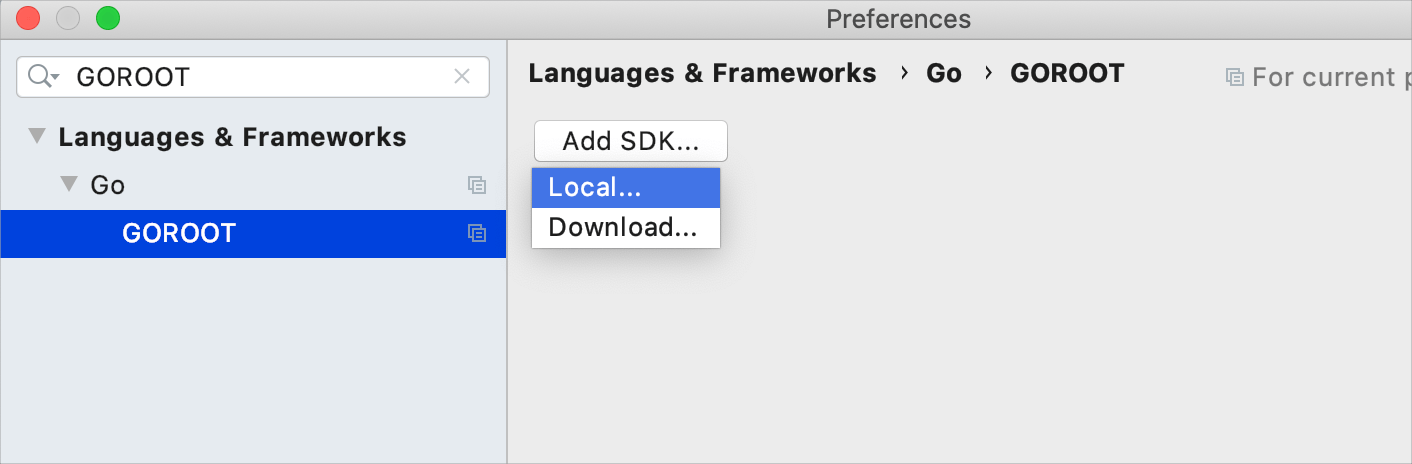 Select a local copy of Go SDK