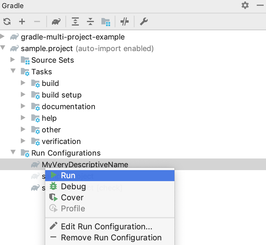 Gradle tool window: run configuration