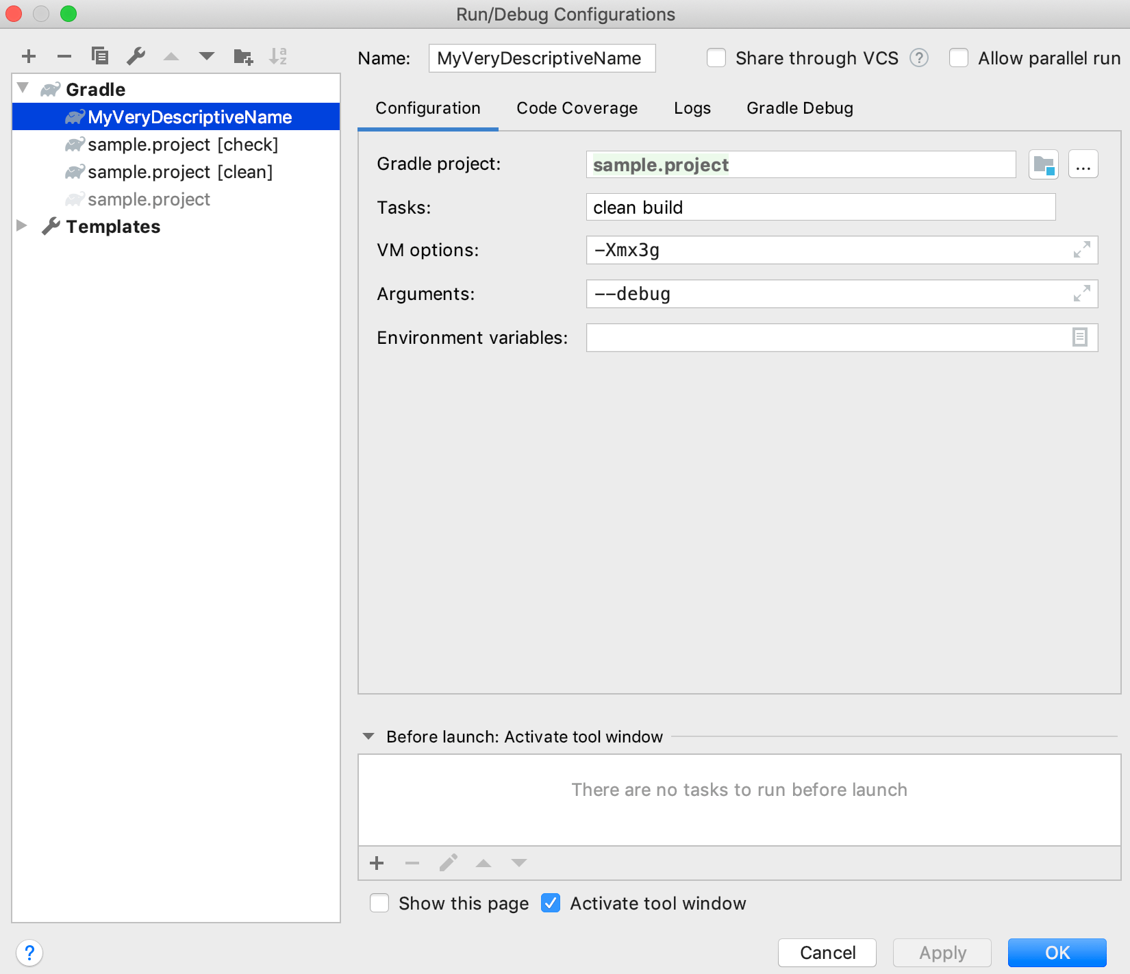 Gradle Run/Debug configuration