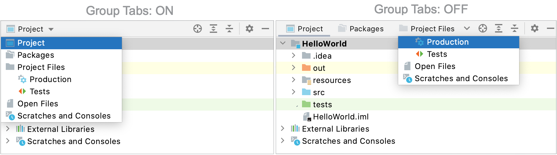 IntelliJ IDEA: choosing a view in the Project tool window