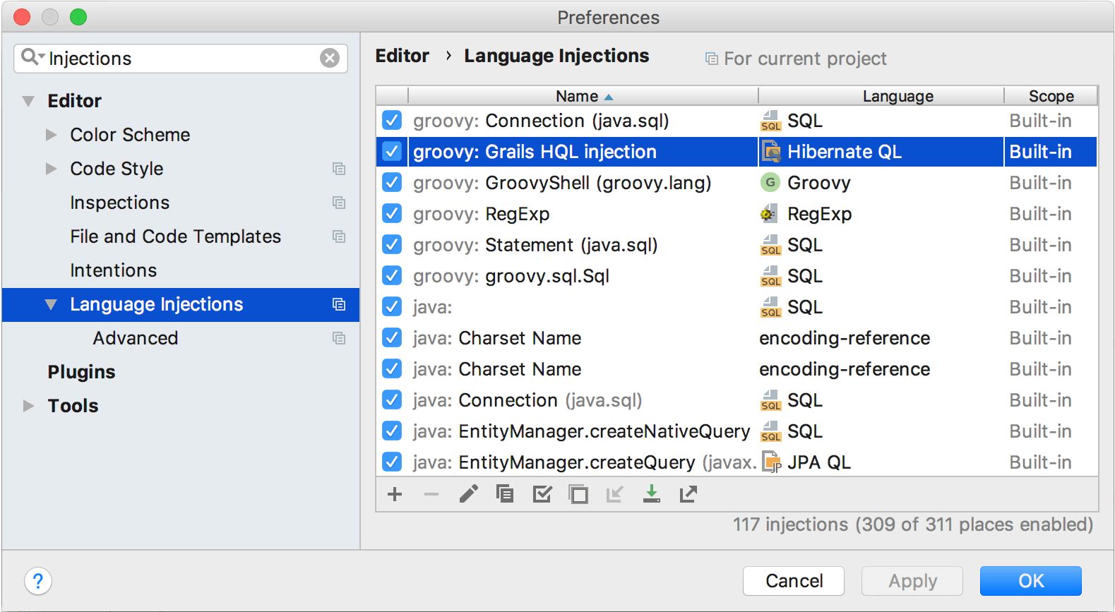 Language injections settings