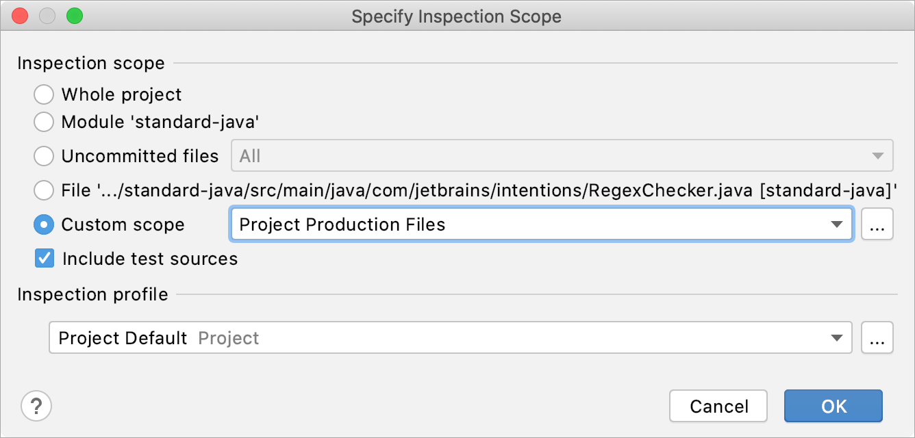 The Specify Inspection Scope dialog