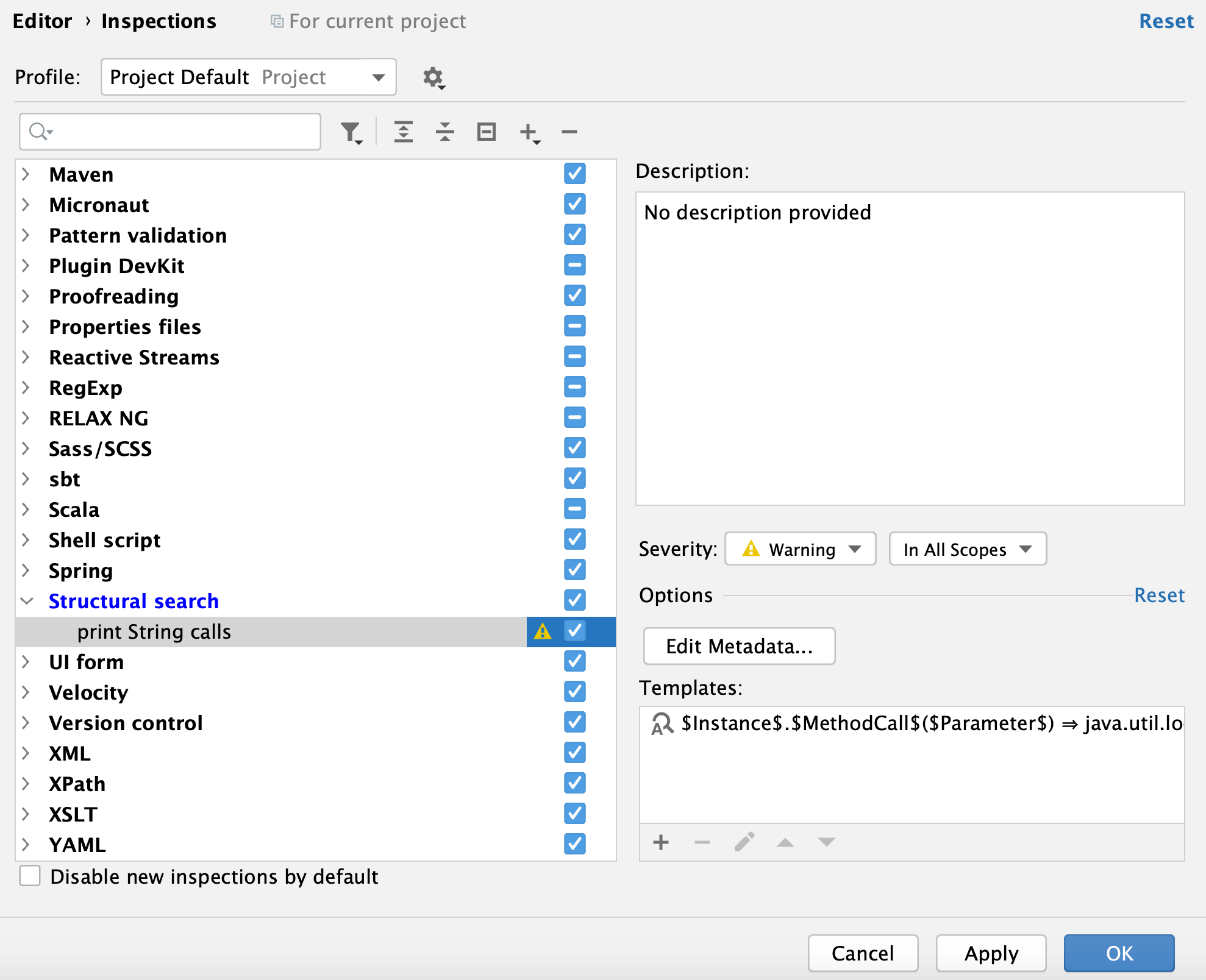 the Inspections settings: Structural search inspection