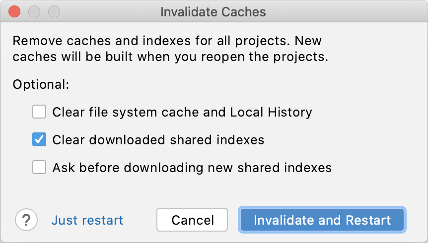 the Invalidate Cache dialog