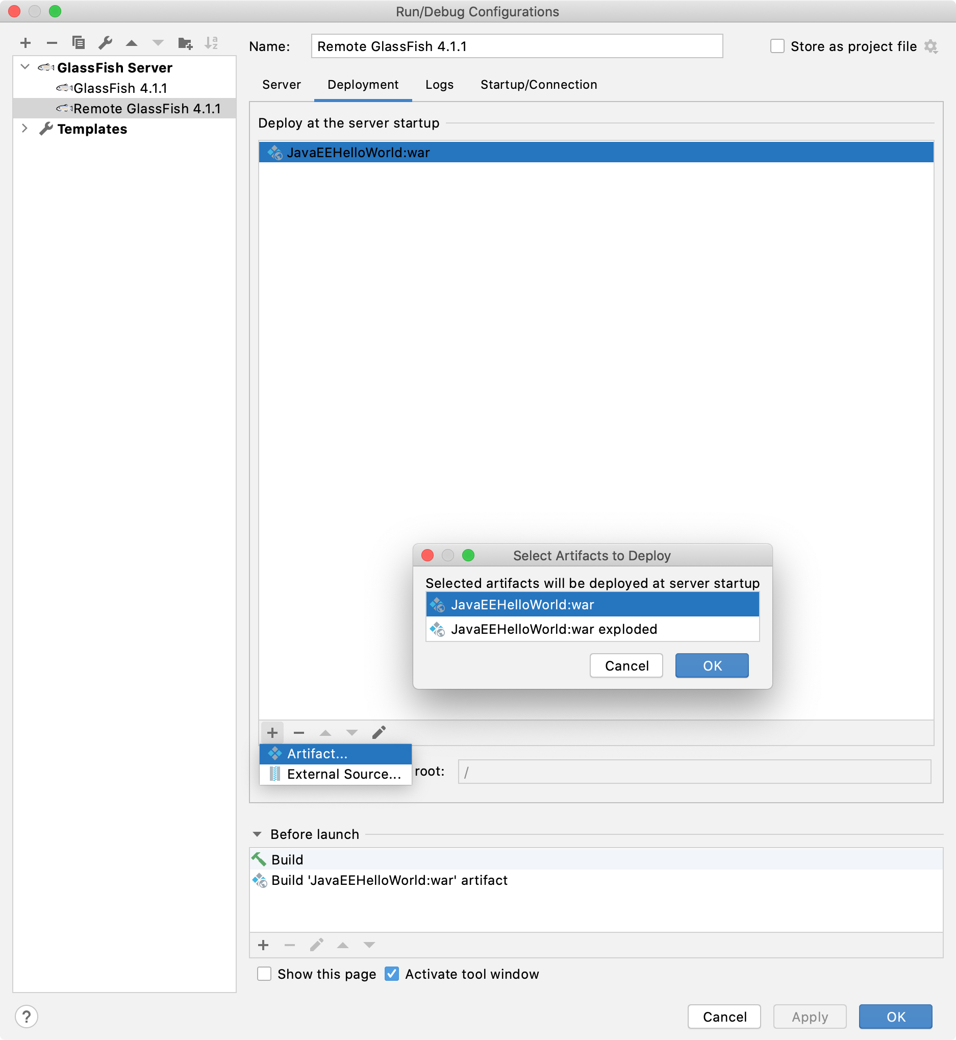 Remote GlassFish run configuration artifacts to deploy