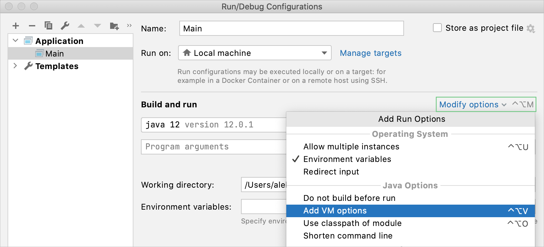 Adding the VM options field