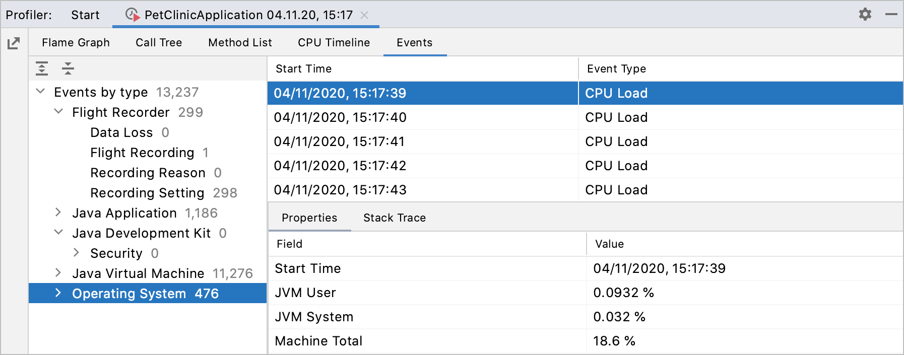 the Events tab on the Profiler tool window
