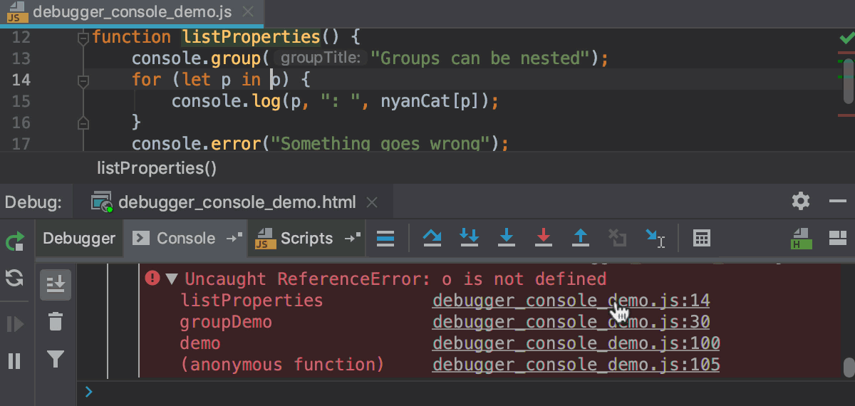 JavaScript interactive debugger console: navigation to errors