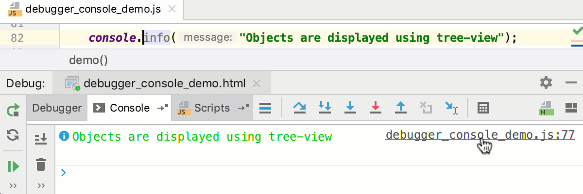 JavaScript interactive debugger console: navigation to source code
