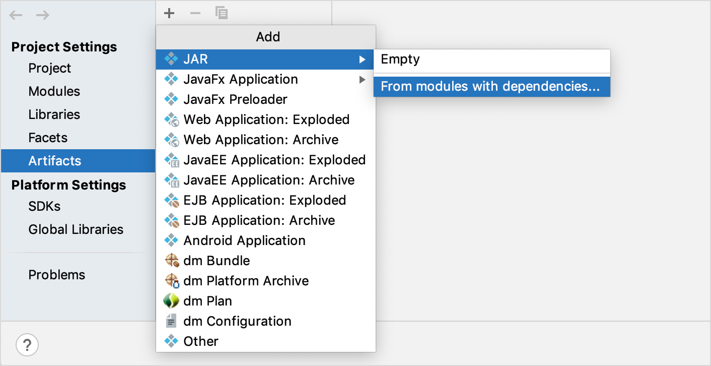 Adding new artifact in the Project Structure dialog