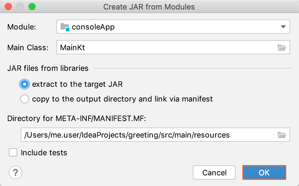 The Create JAR from Modules dialog