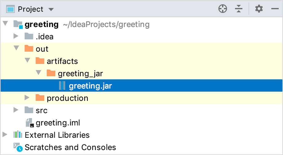 The resulting JAR in the out directory viewed using the Project Tool Window