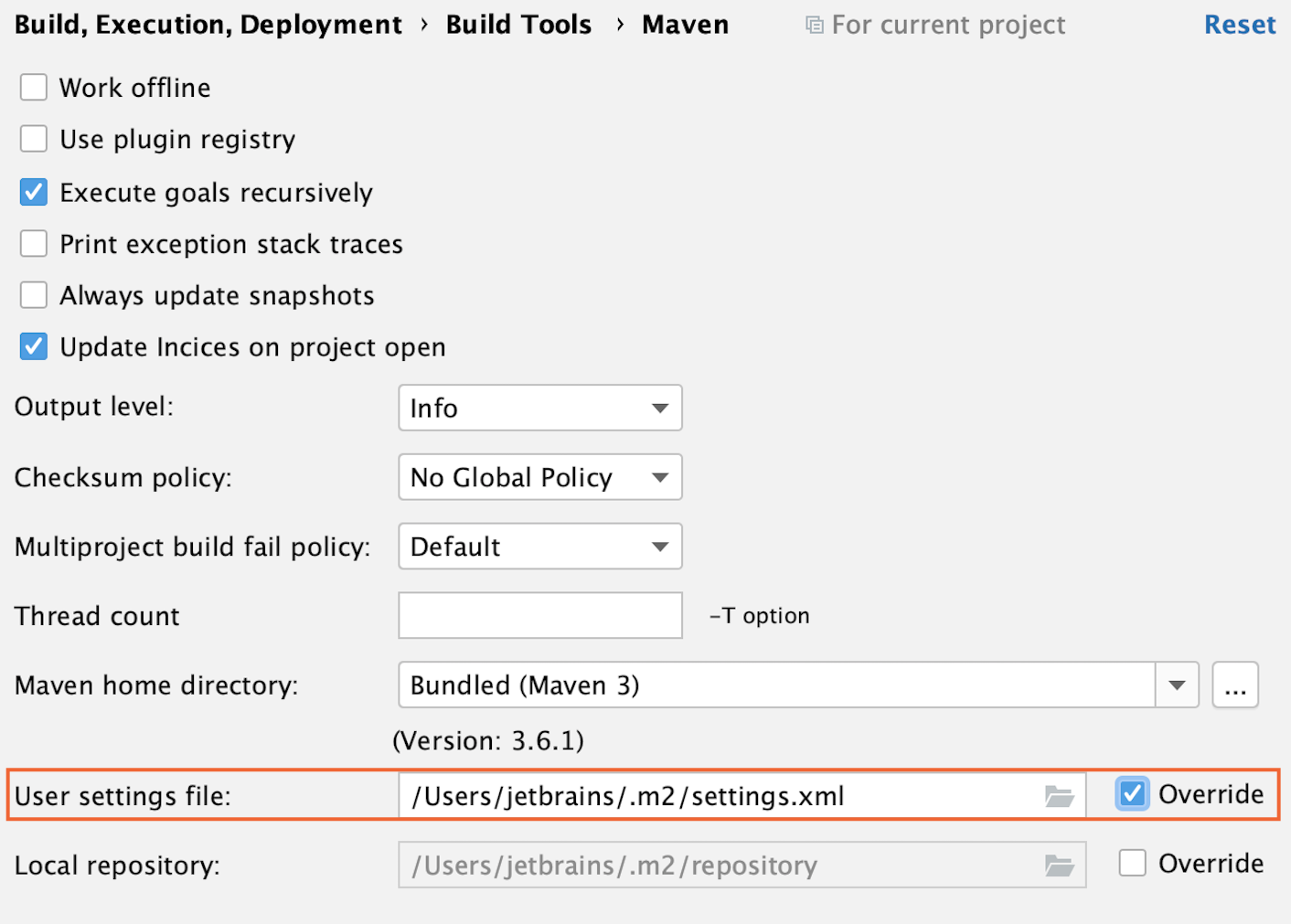 the Maven settings: User setting file