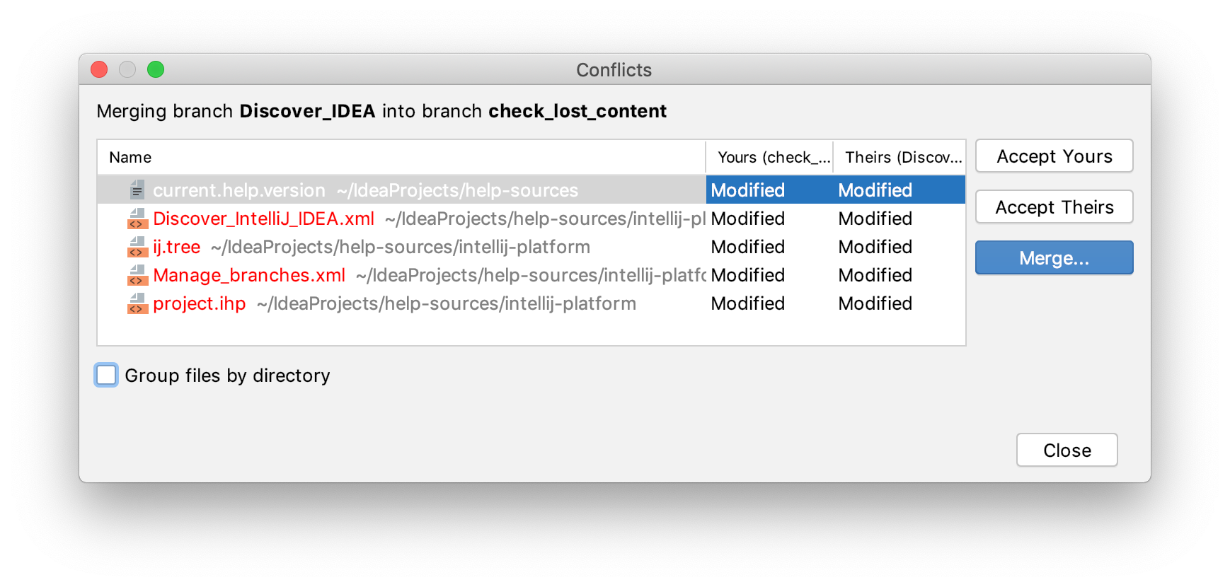 IntelliJ IDEA: VCS operation conflicts dialog