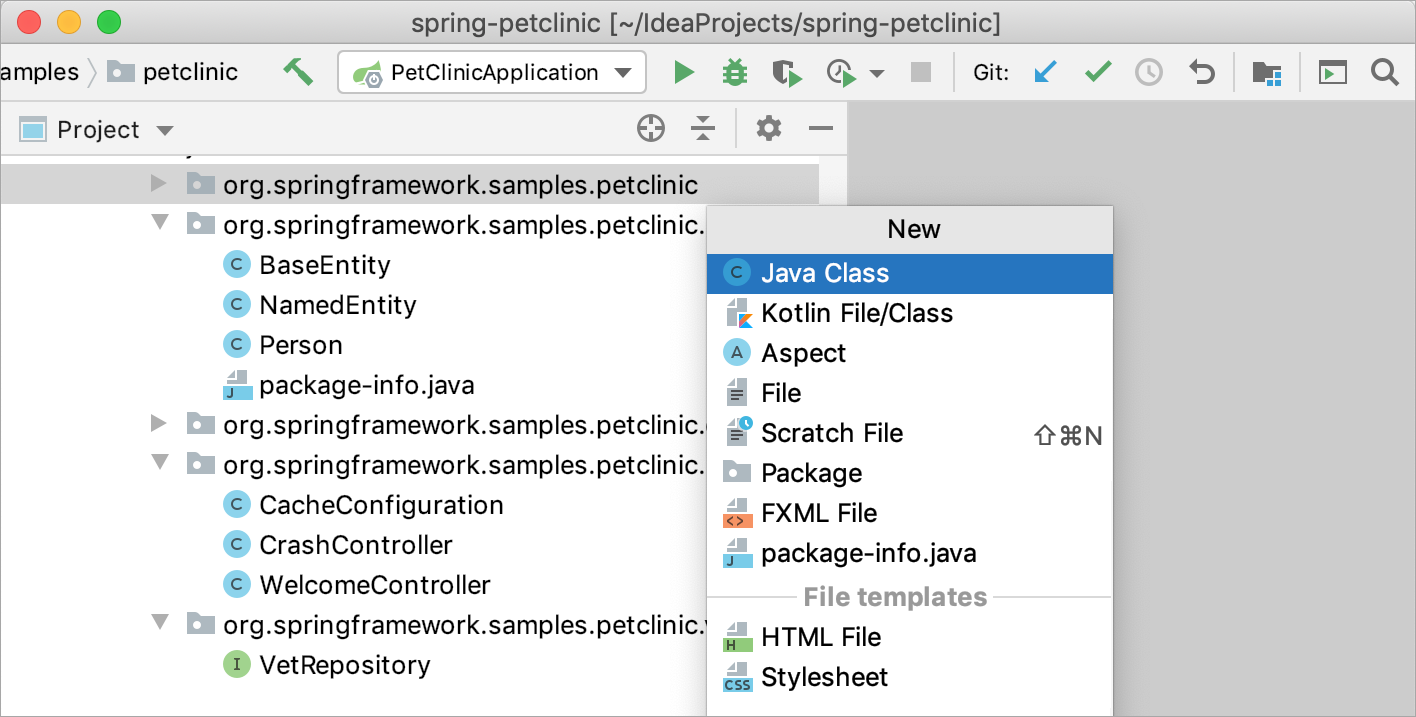Creating a new object in the Project tool window