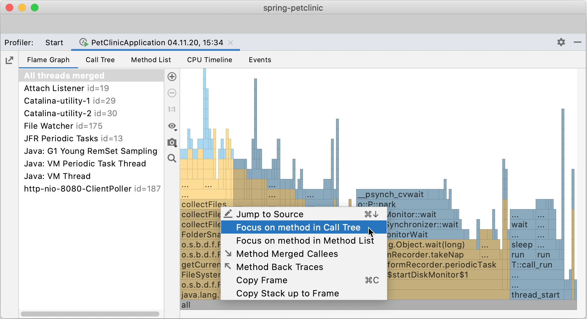 Jumping between tabs in the Profiler tool window