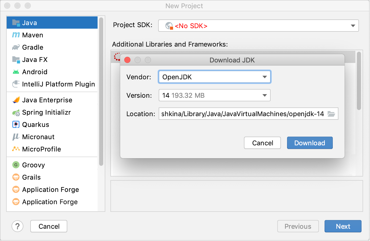 Downloading a JDK for the new project