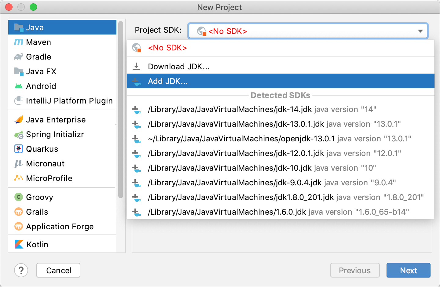 Configuring an SDK for the new project