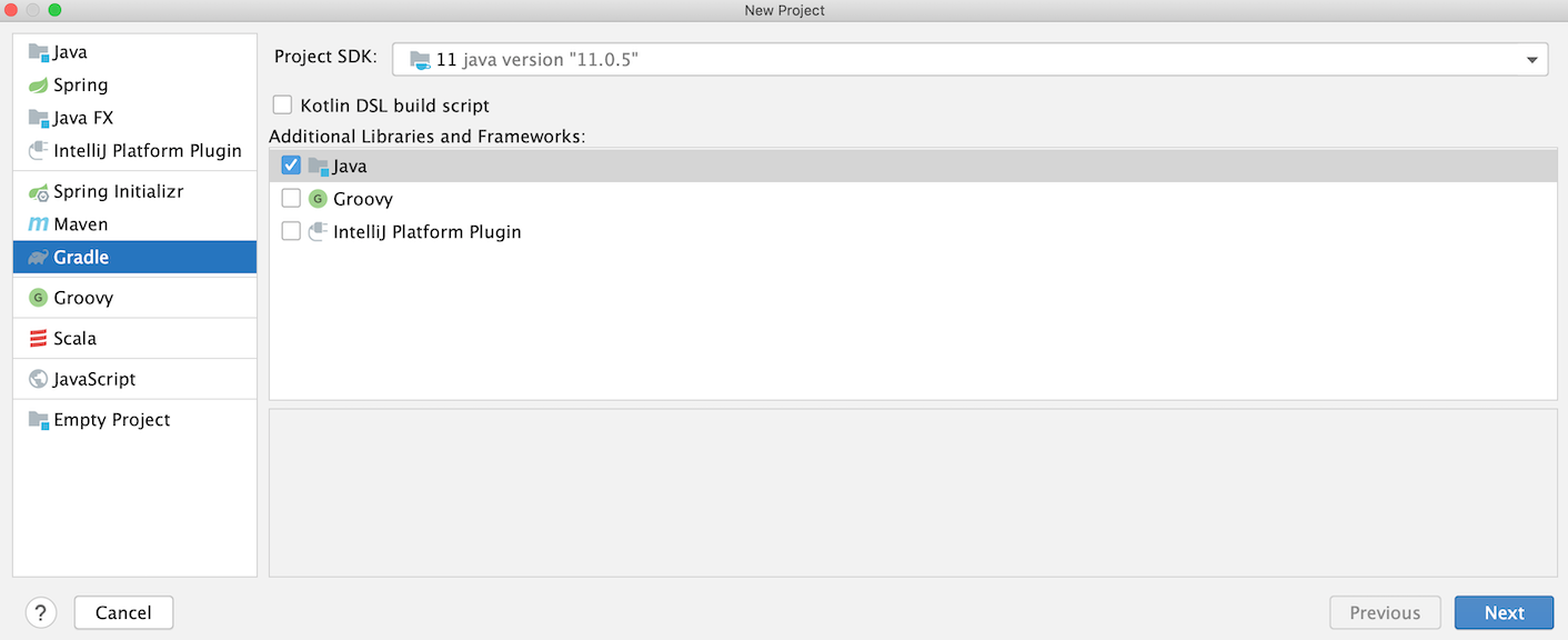New Project dialog: select Gradle