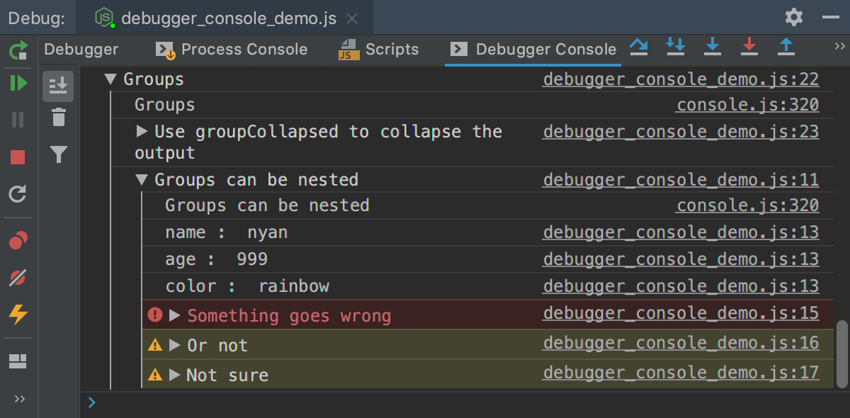 Node.js interactive debugger console: log messages grouped