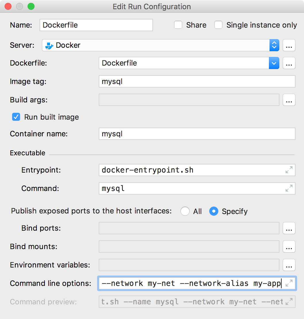 The Edit Deployment Configuration dialog with command-line options