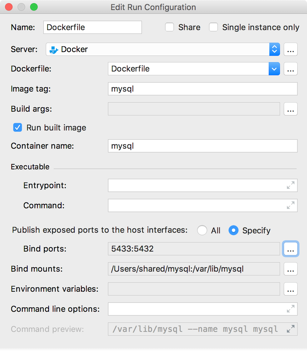 The Edit Deployment Configuration dialog with bind ports