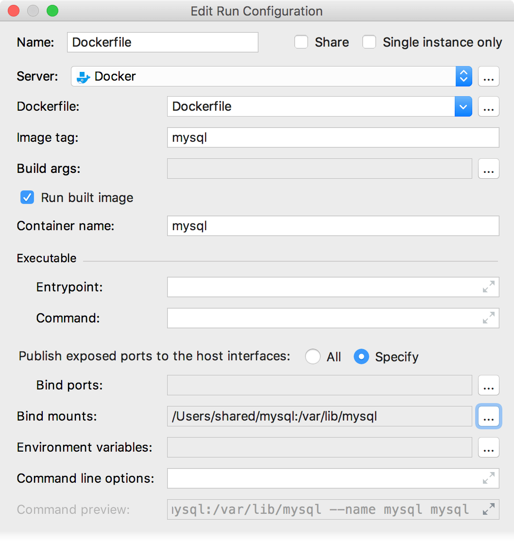 The Edit Deployment Configuration dialog with bind mounts