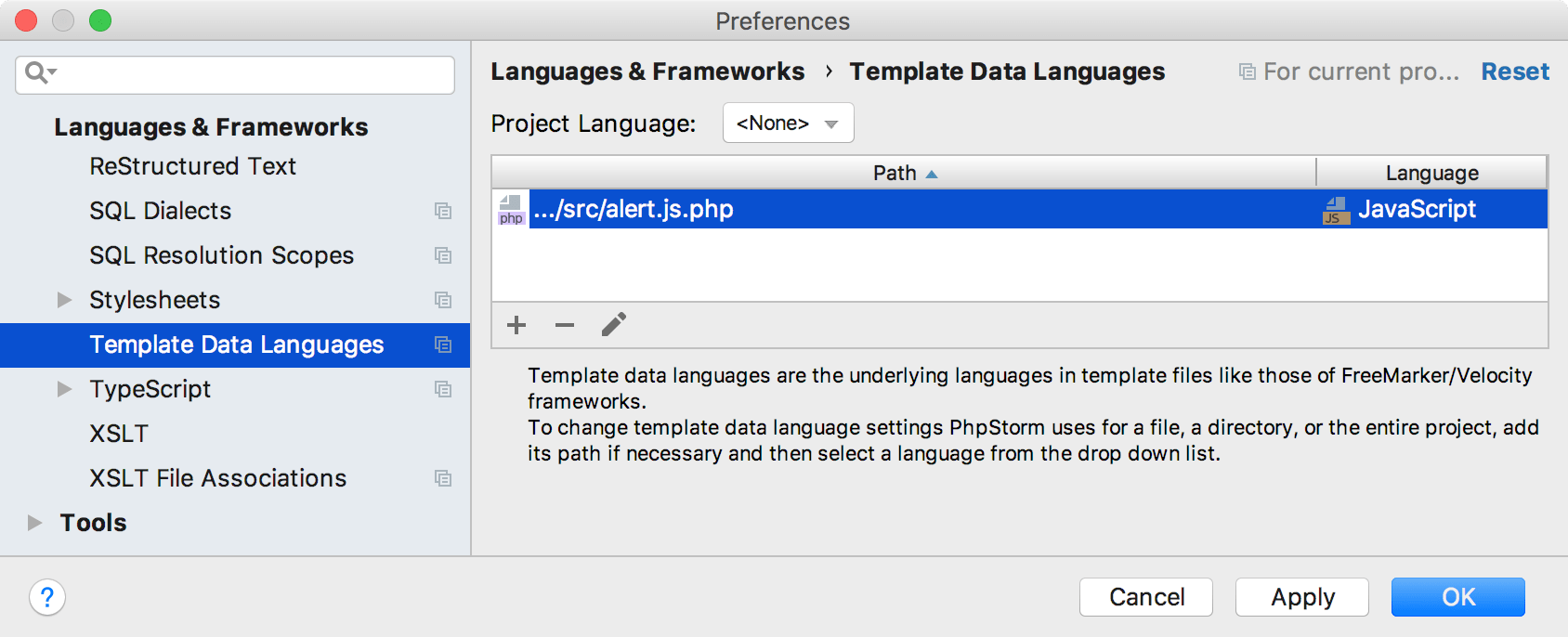 Template Data Languages settings page