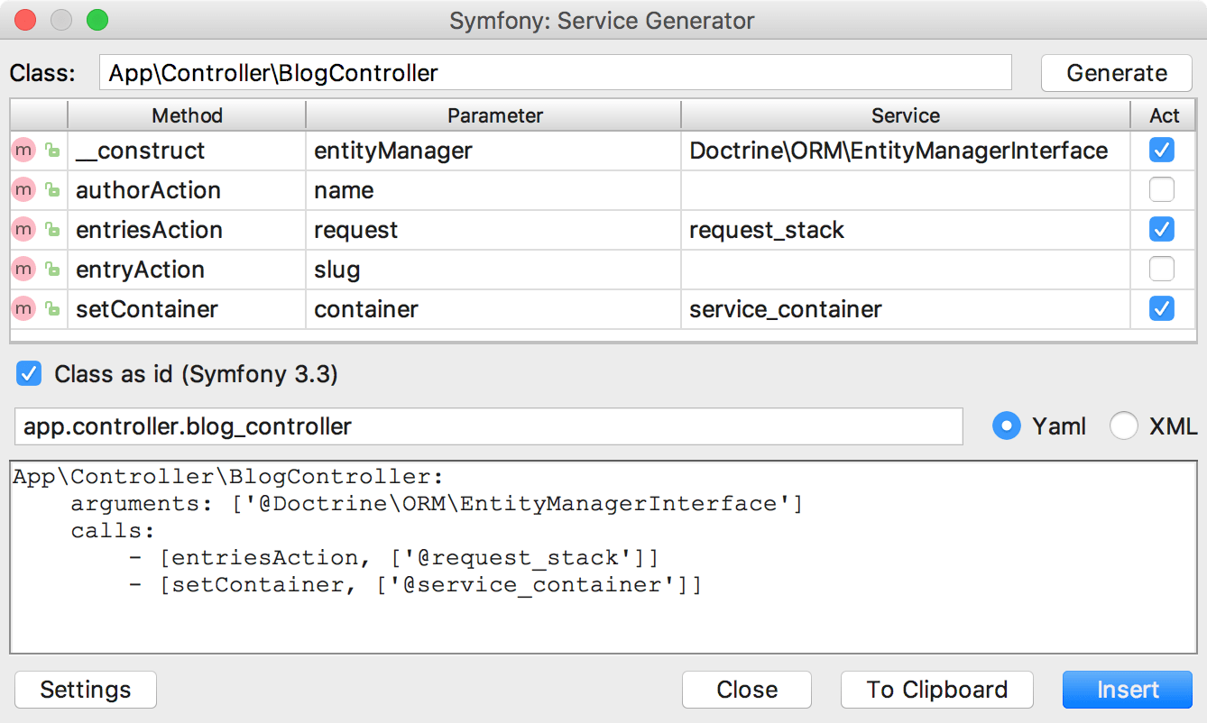 the Symfony Service Generator dialog