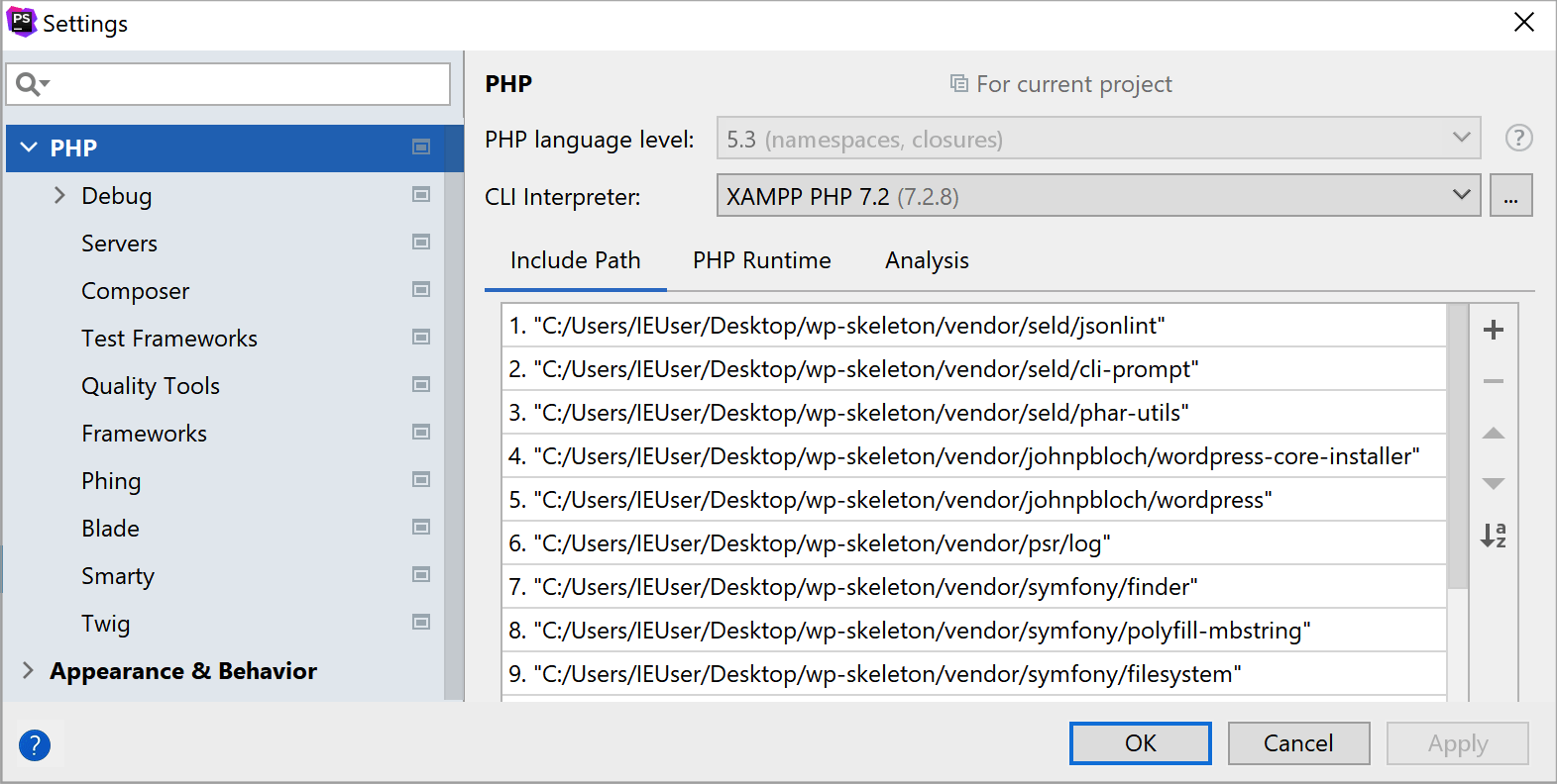 XAMPP interpreter selected