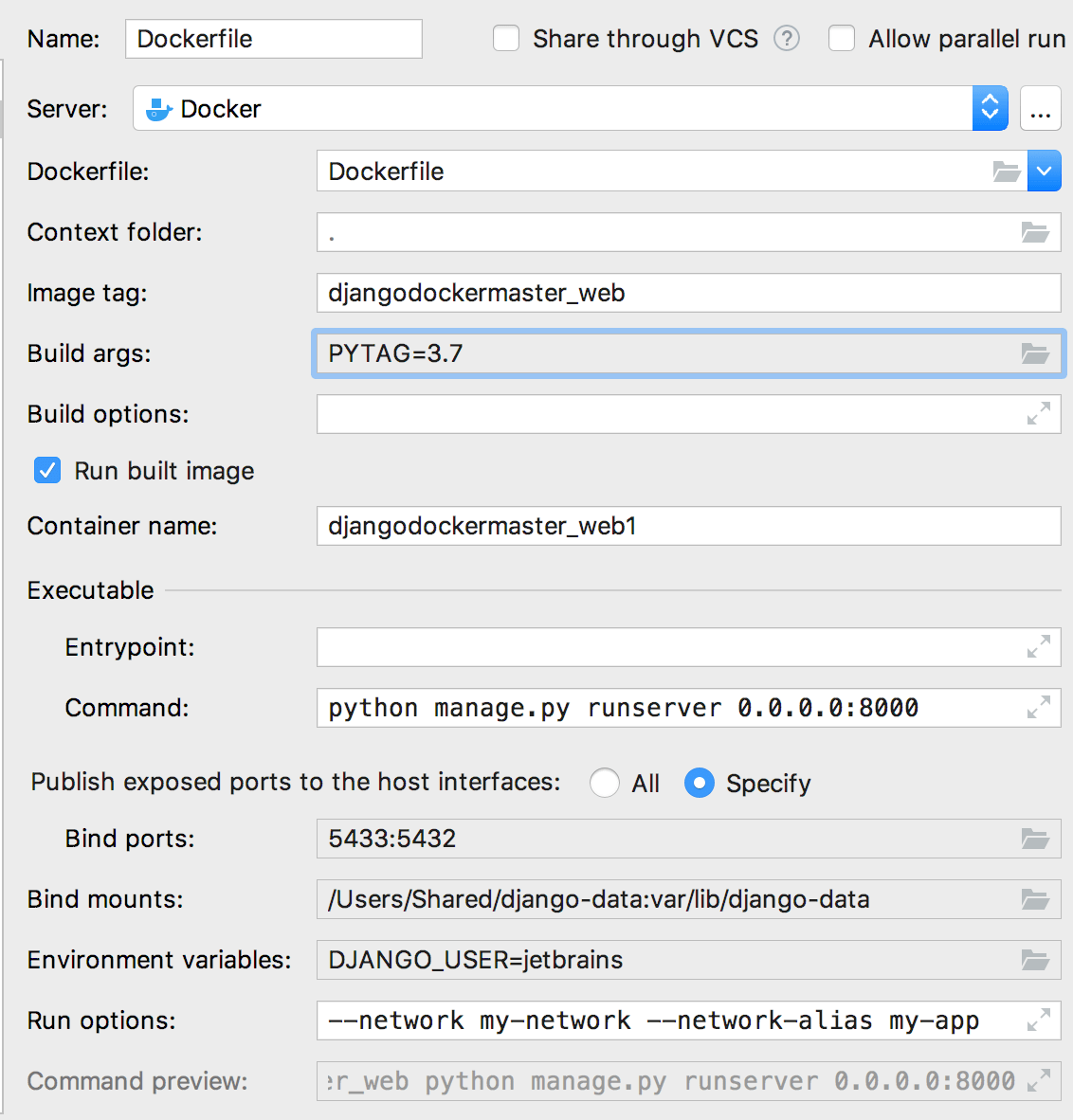 The Edit Deployment Configuration dialog with build-time arguments