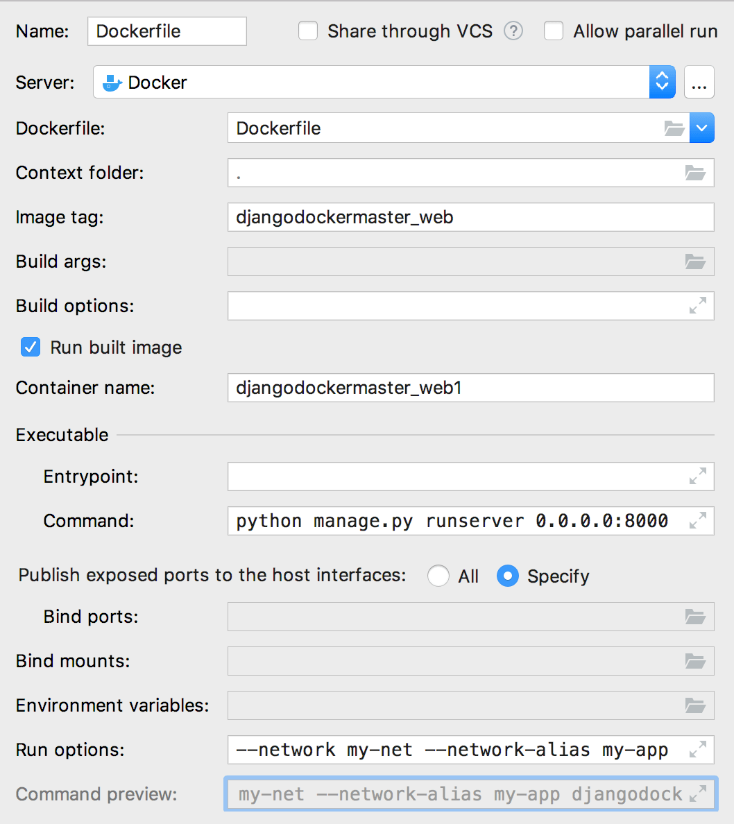 The Edit Deployment Configuration dialog with command-line options