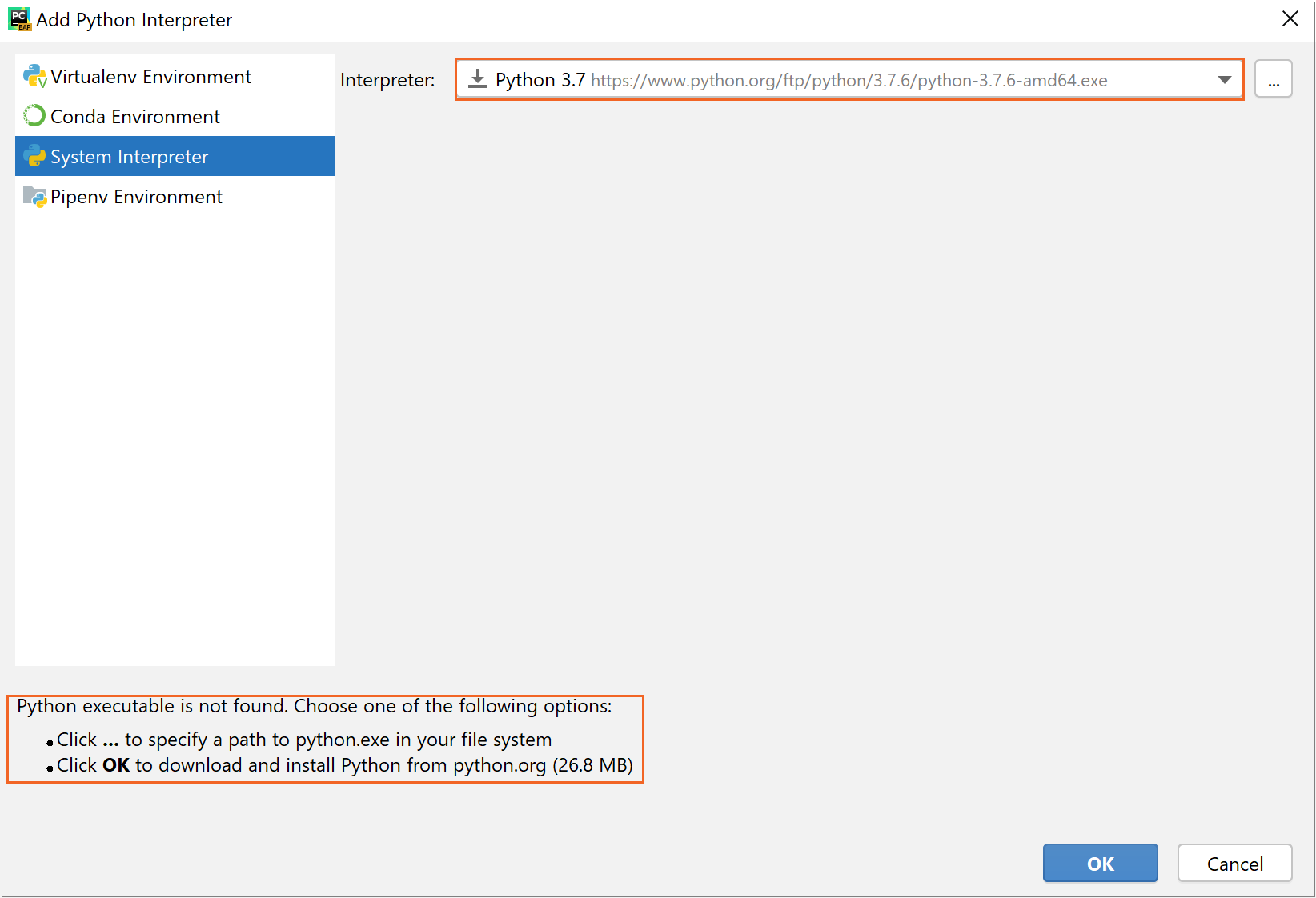 Downloading Python when installing the system interpreter