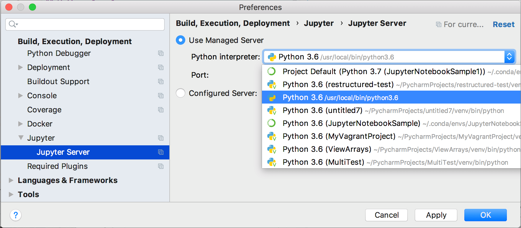 Select an interpreter for the managed server