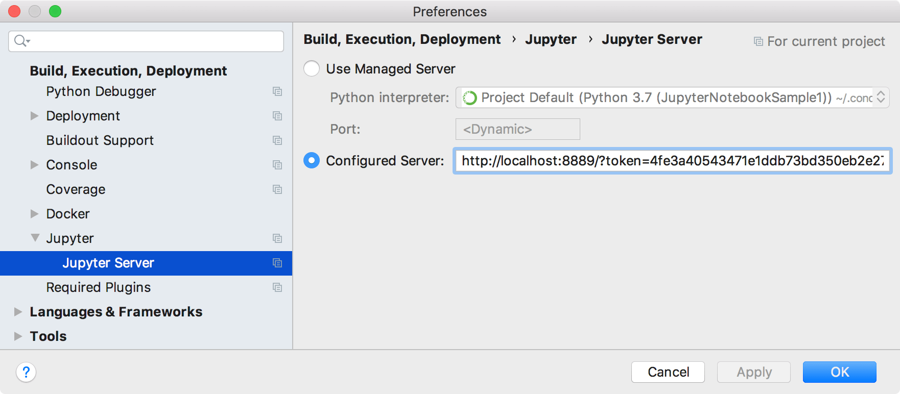 Configure a Jupyter server. Settings dialog