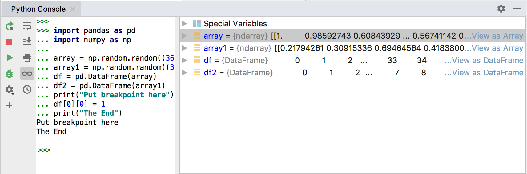 Viewing variables in array when running from Python console