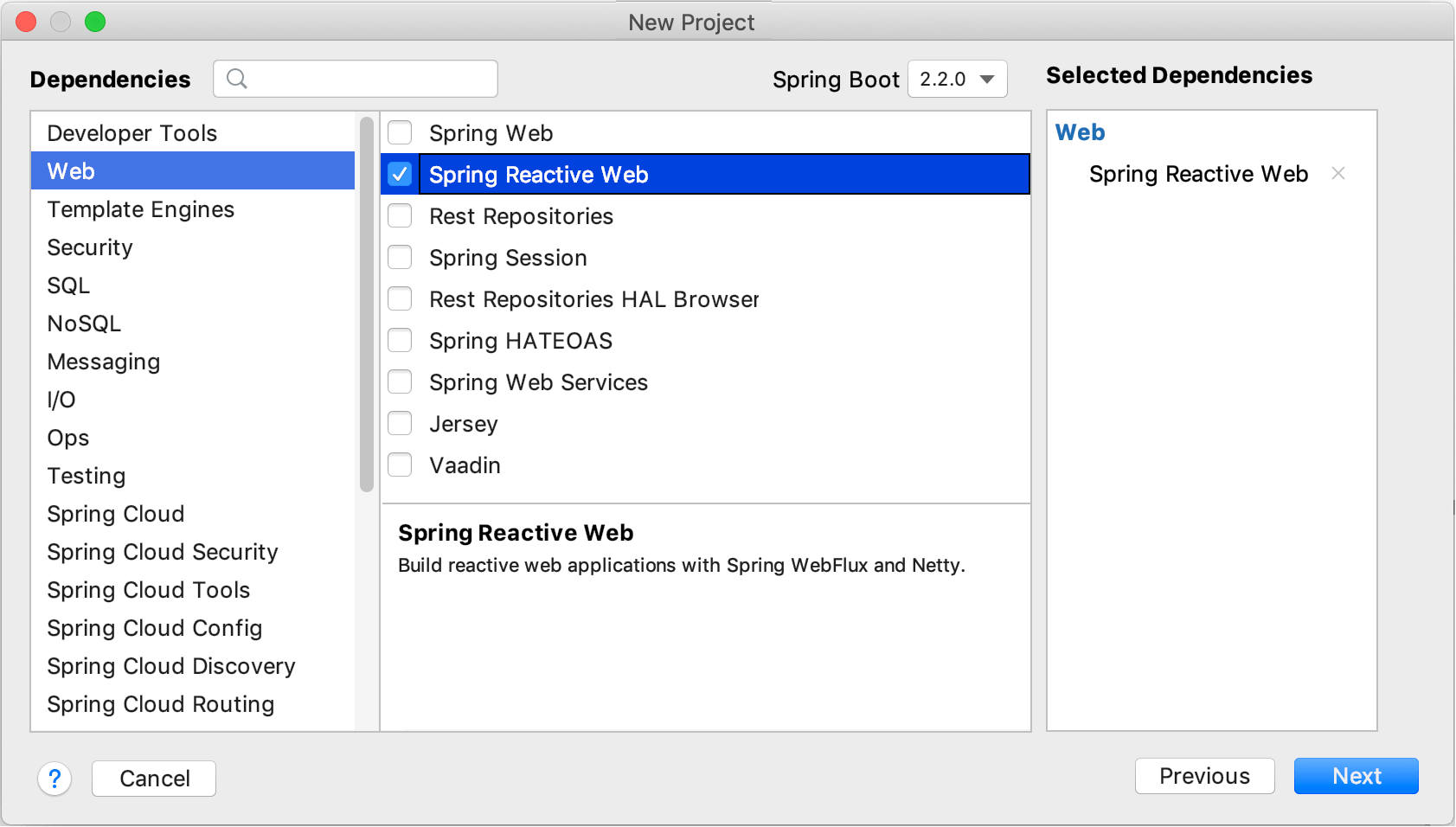 Specifying the Reactive Web dependency