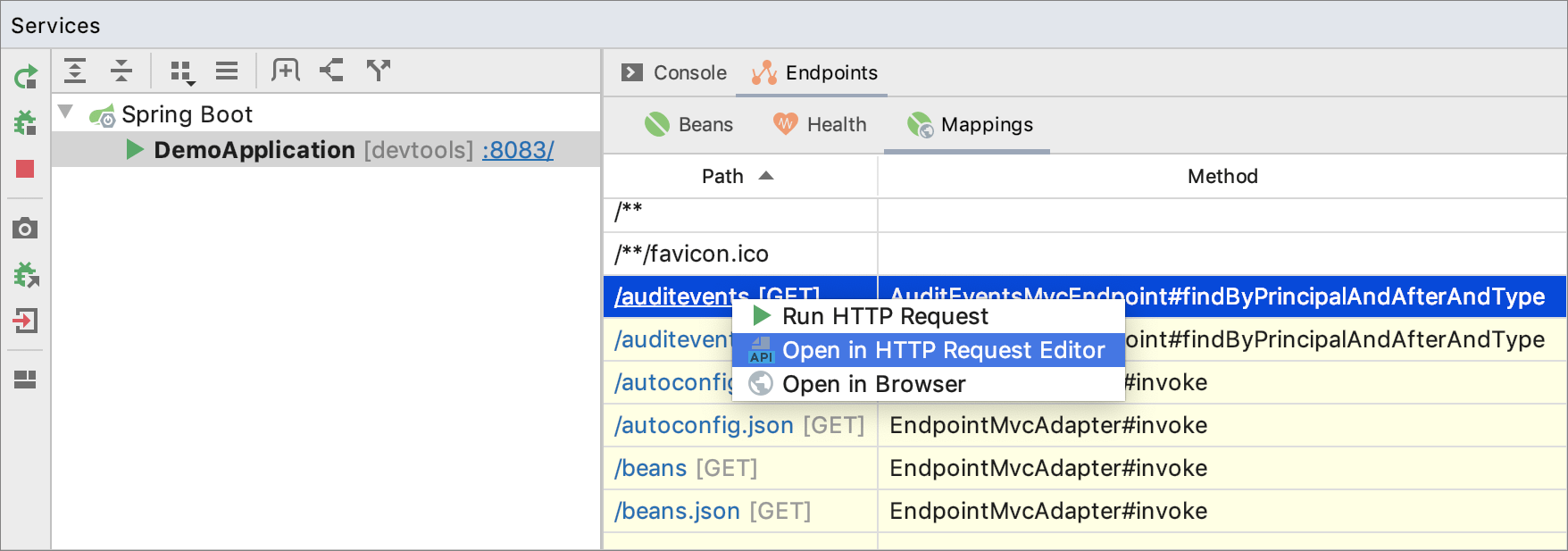 Opening HTTP request mappings from Services tool window