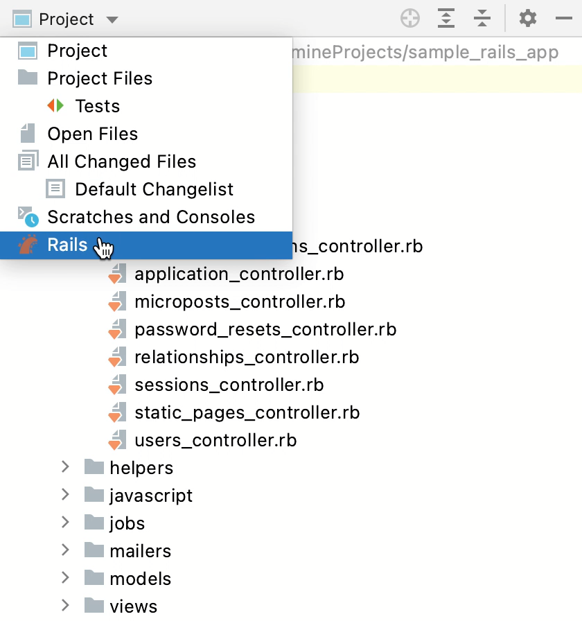 RubyMine: choosing a view in the Project tool window