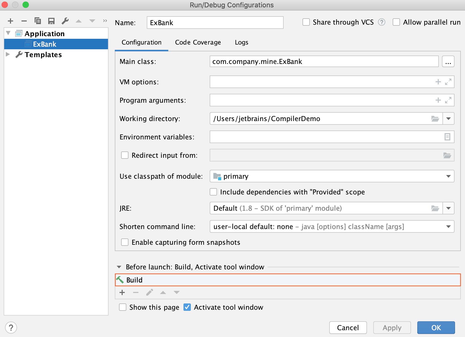 Run/Debug Configuration dialog: Before launch