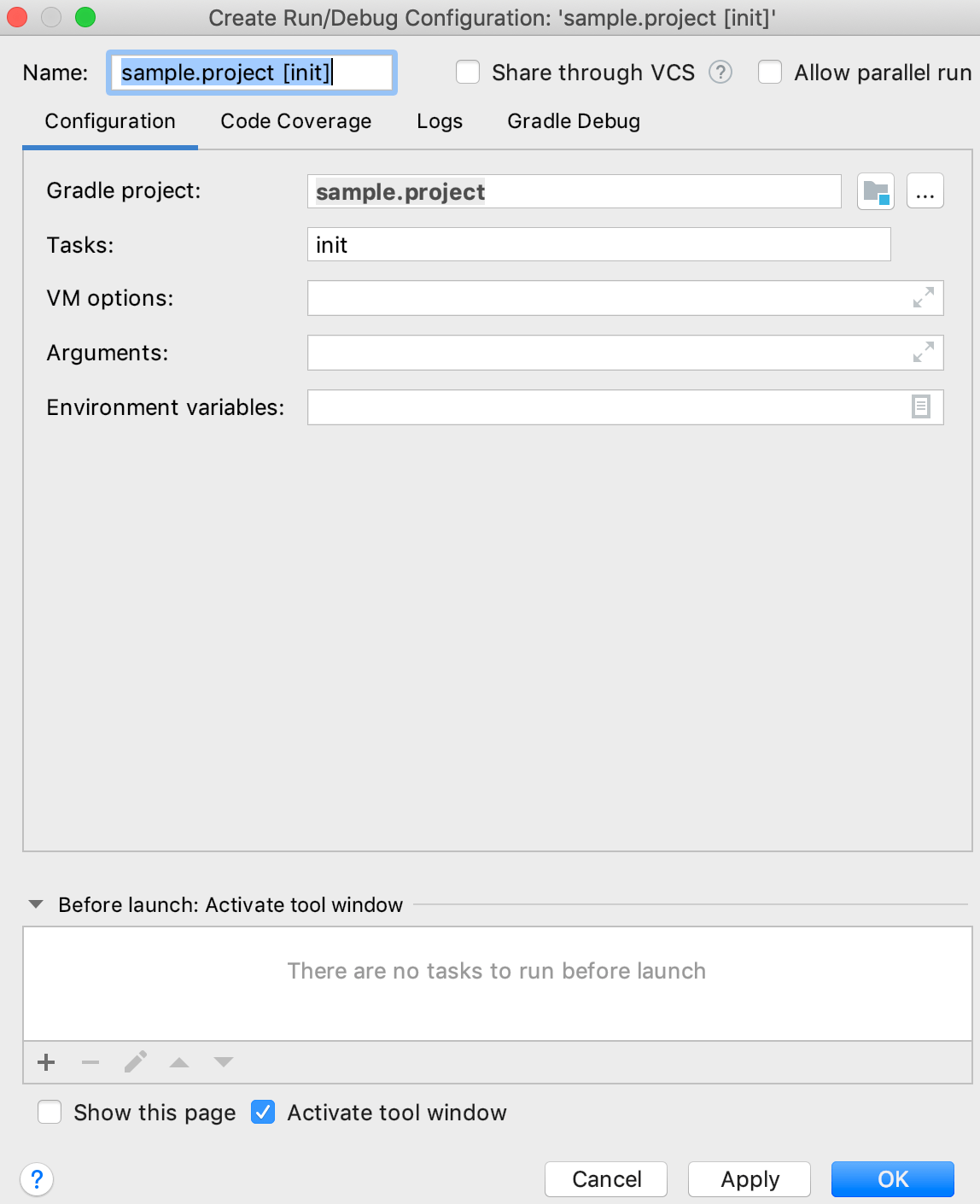 Run/Debug Configuration for a Gradle task