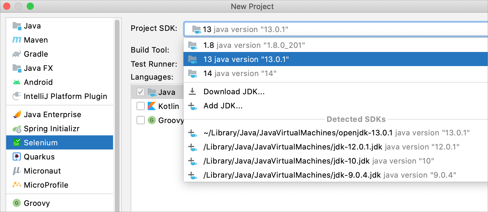 Configuring a JDK for a new Selenium project