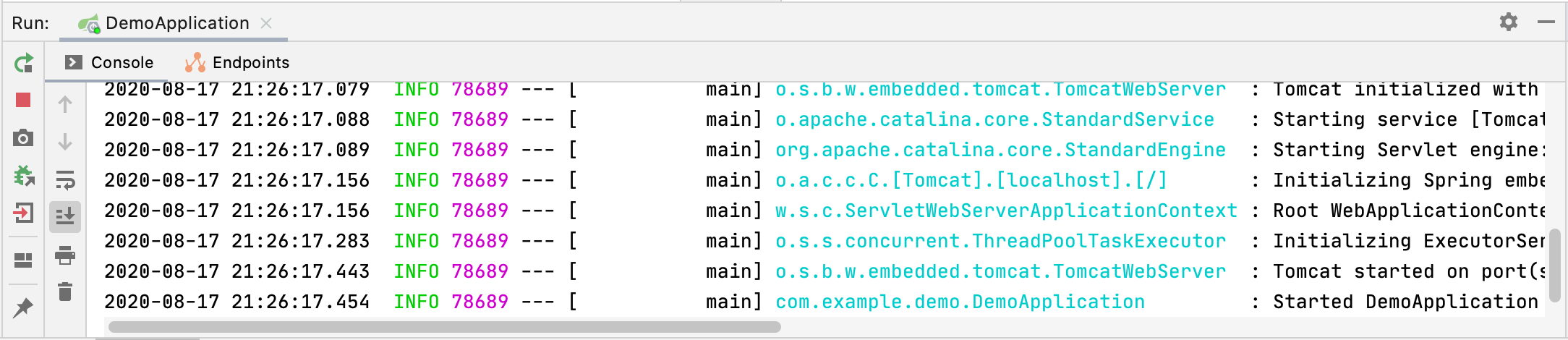 The Run tool window with a running Spring Boot application