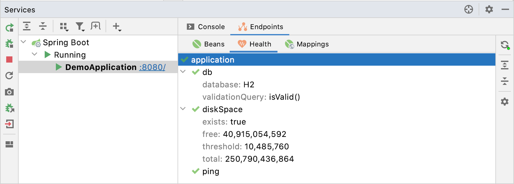 Spring Boot Health endpoints tab