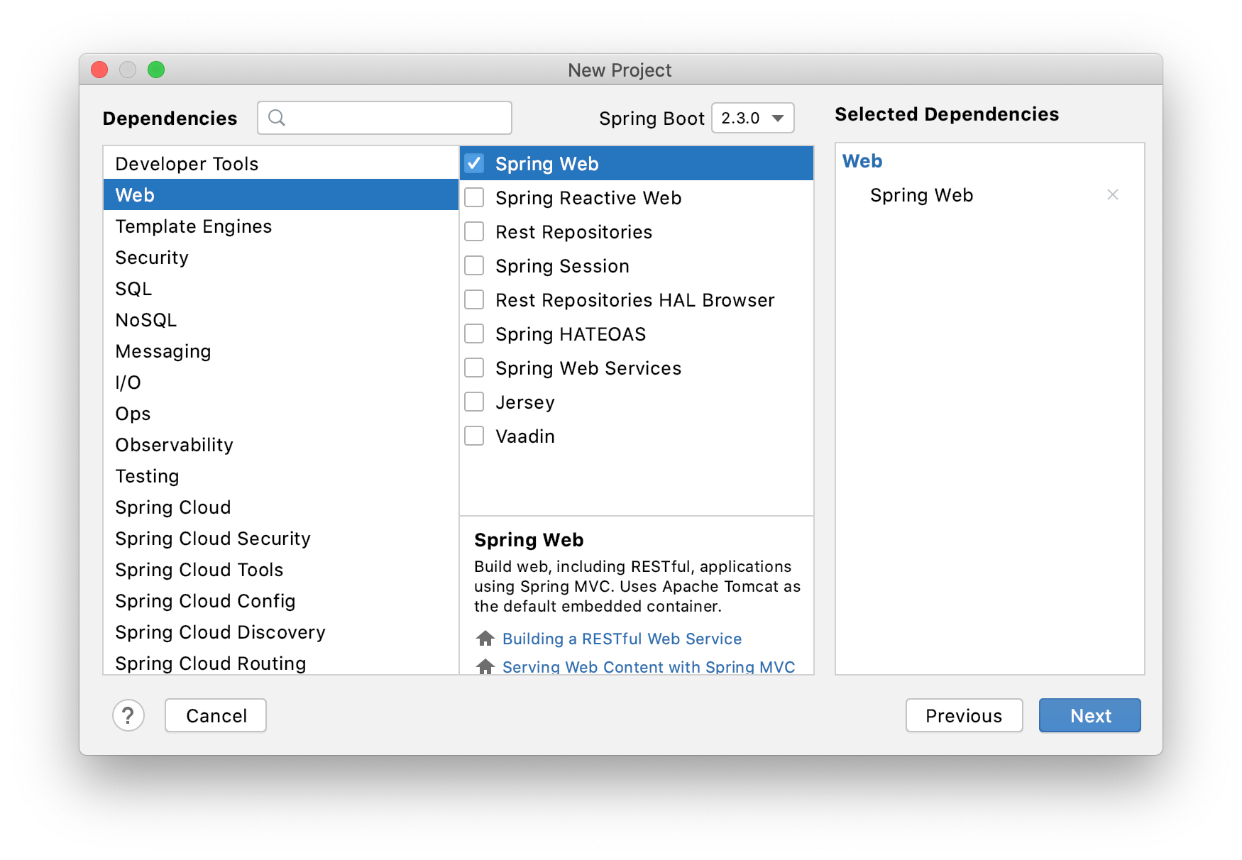 Spring Dependencies in the New Project wizard