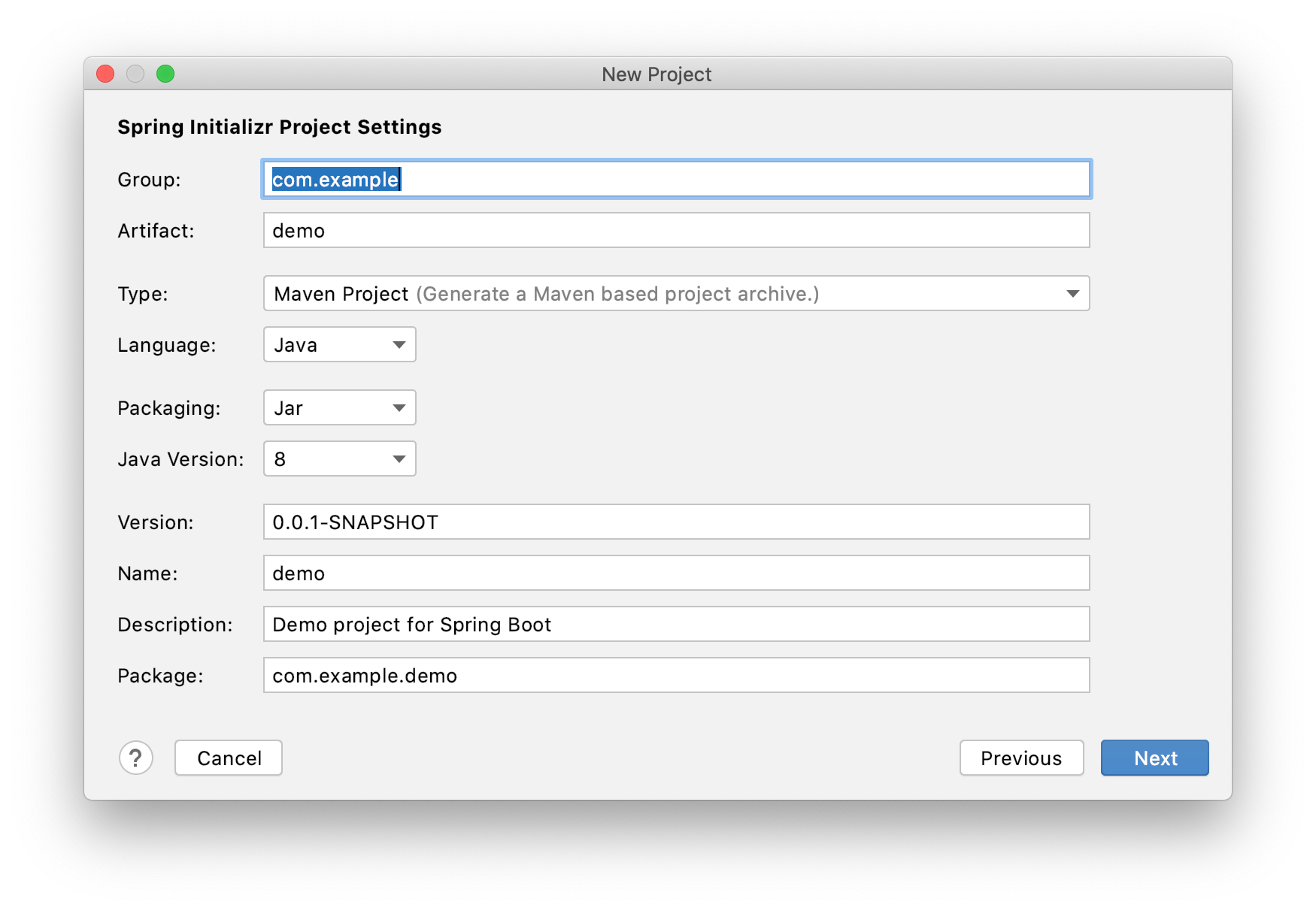 Spring Initializr Project Settings