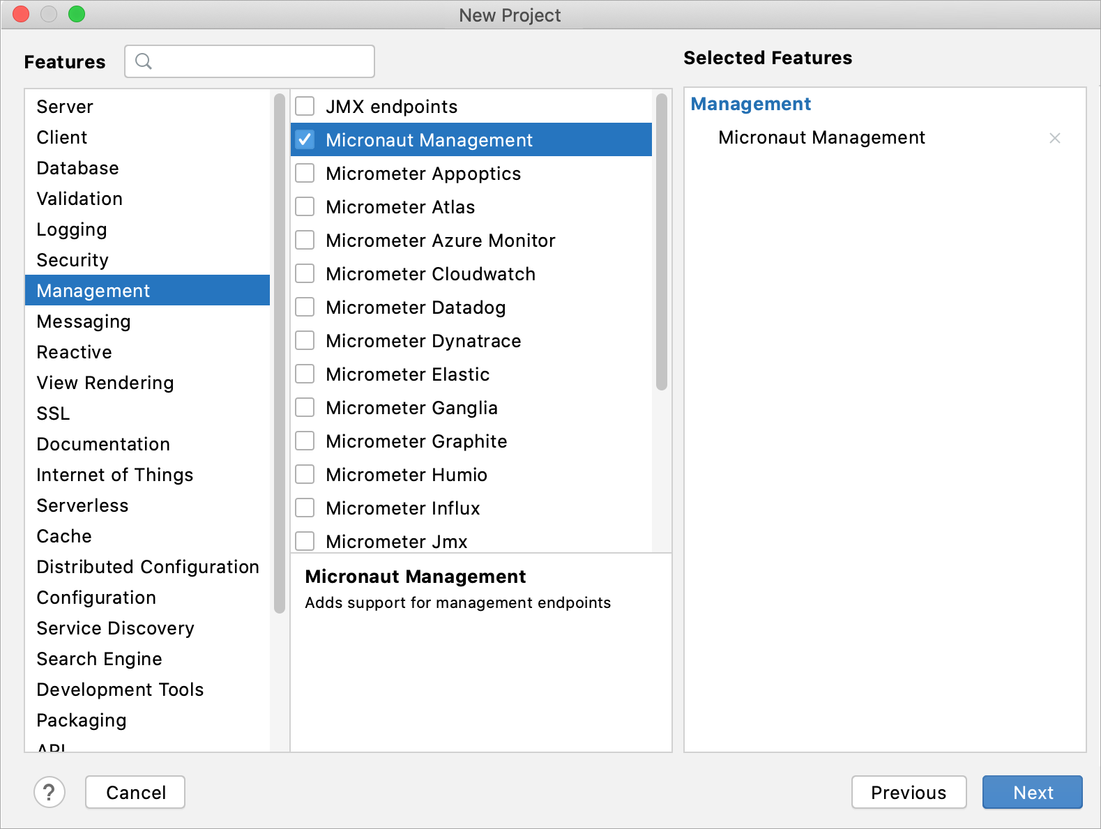 Selecting extensions for the new Micronaut project