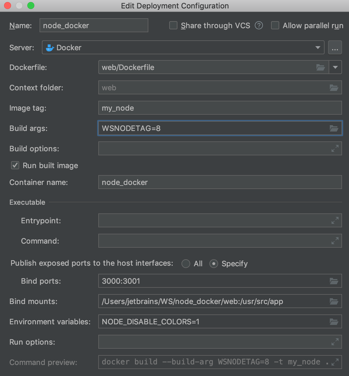 The Edit Deployment Configuration dialog with build-time arguments