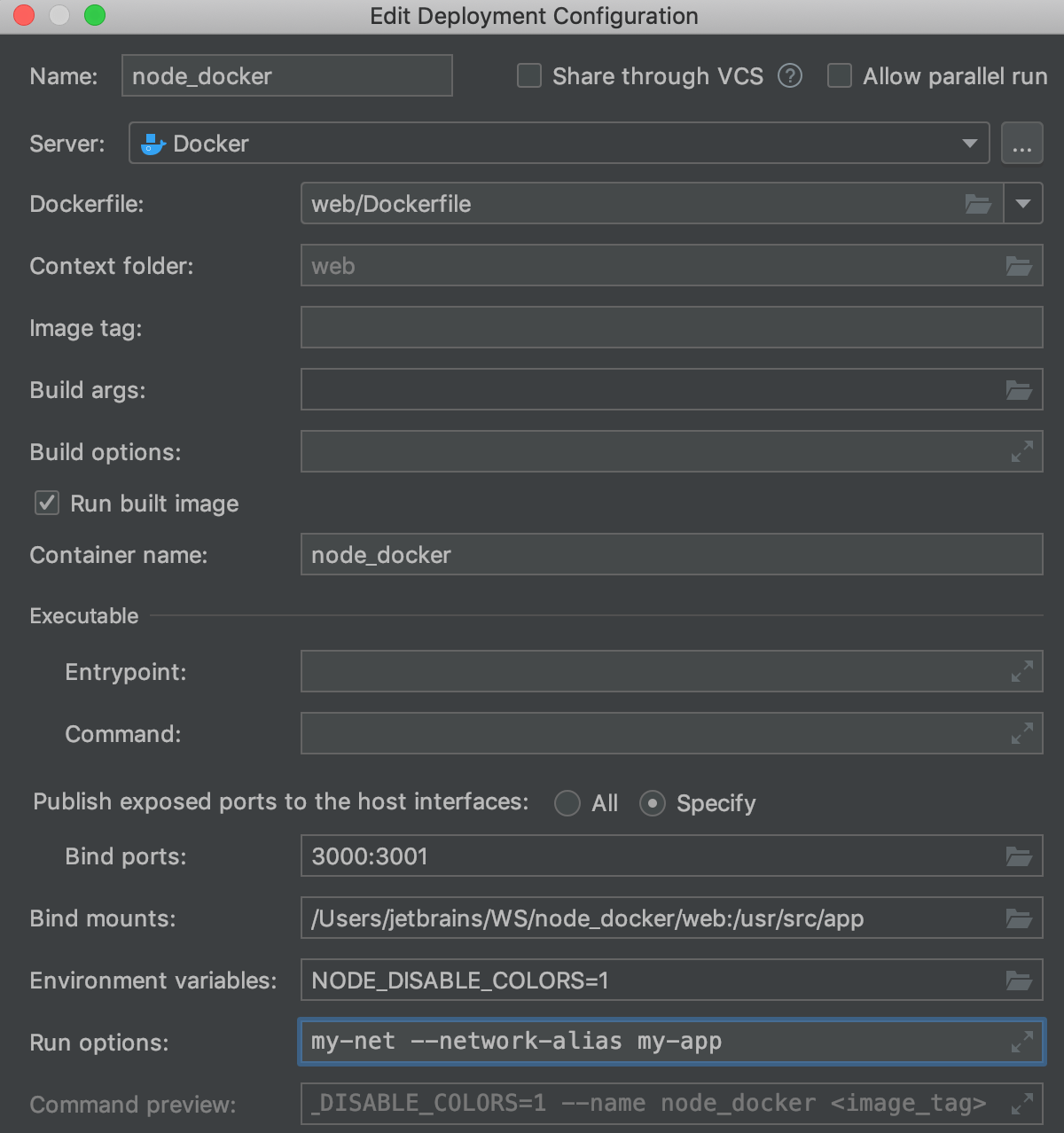 The Edit Deployment Configuration dialog with command-line options